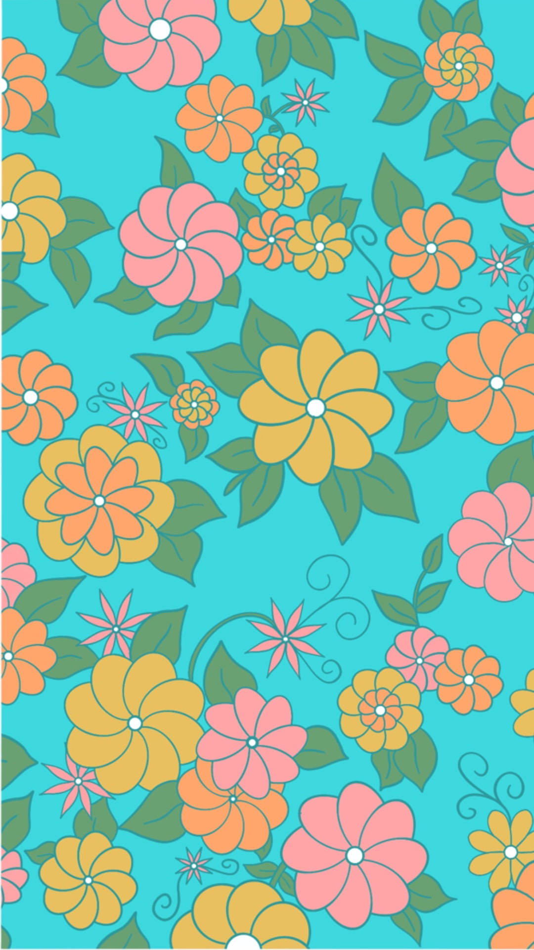 Floral Phone 桌布 壁紙 — 充滿活力的復古花卉圖案，以粉紅色、橙色和黃色花朵點綴在綠松石色背景上。