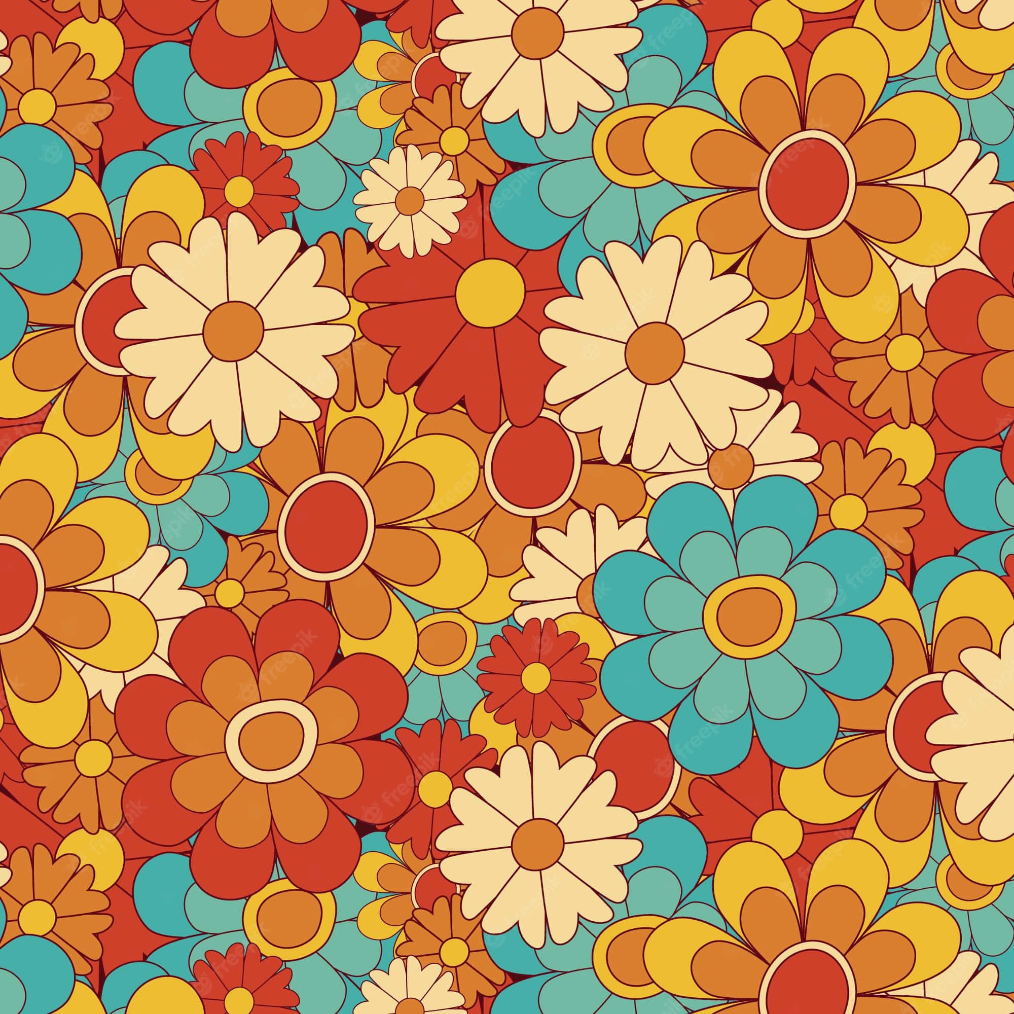 70s Floral 桌布 壁紙 — 充滿活力的復古花卉圖案，以鮮明的橙色、紅色、藍色和黃色風格化花朵組成密集重複設計。