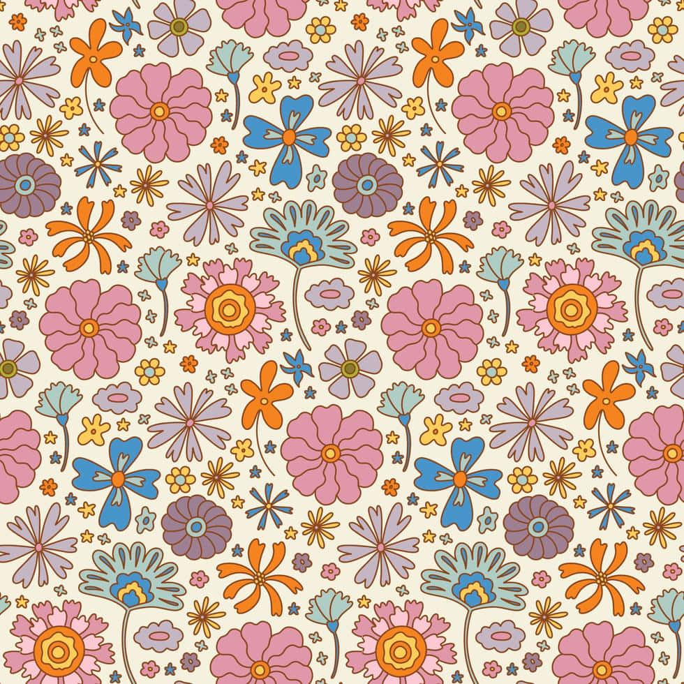 Floral Pattern 桌布 壁紙 — 充滿活力的復古花卉圖案，在奶油色背景上點綴粉紅、橙色、藍色和紫色的花朵。