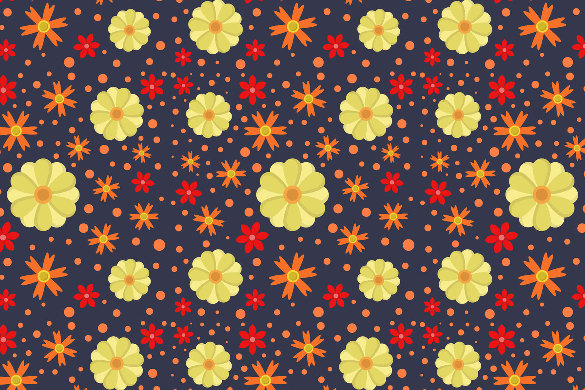 Flower pattern 壁紙 — 充滿活力的復古花卉圖案，在深藍色背景上呈現黃色、紅色和橙色花朵。