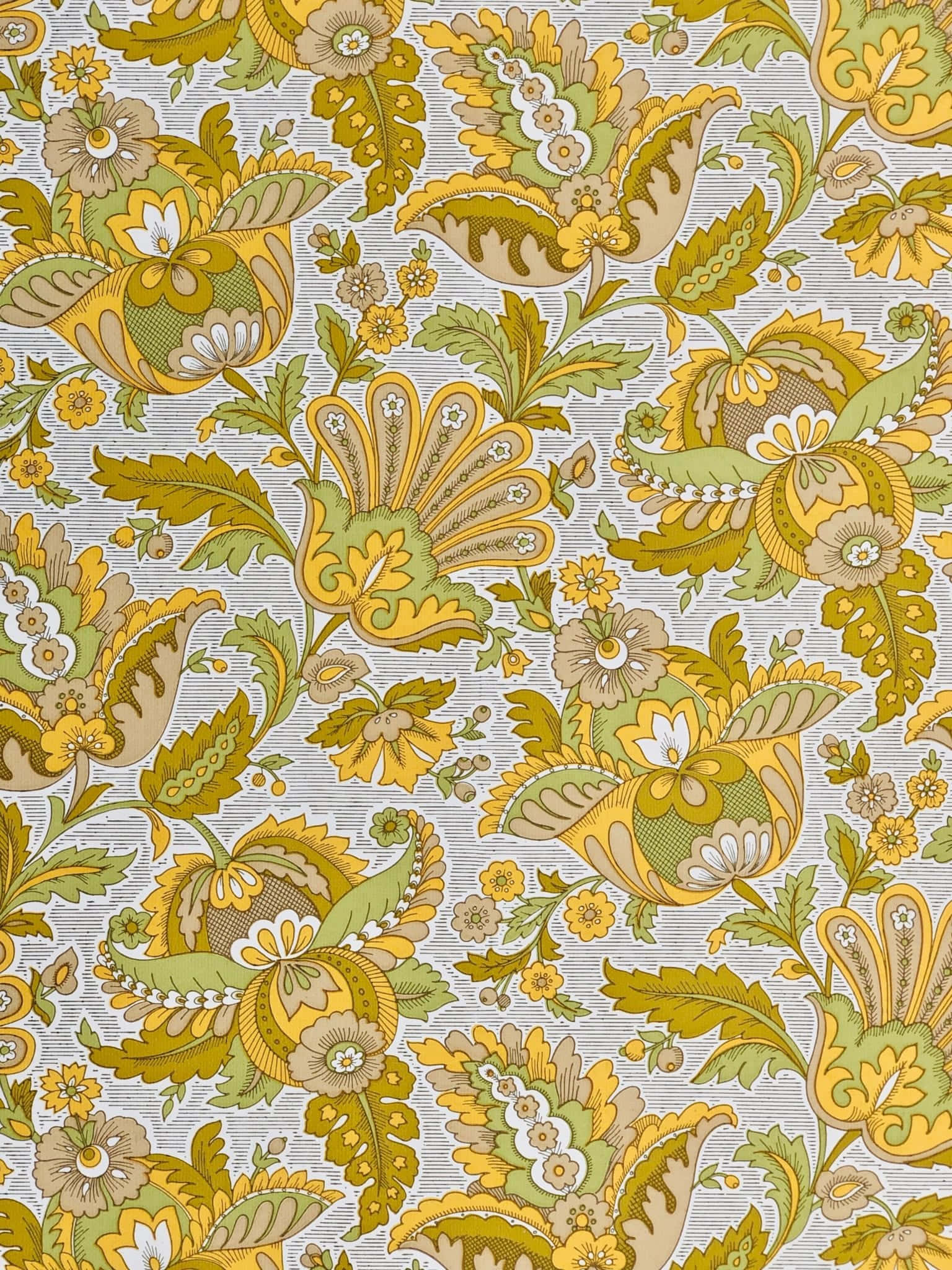 Yellow Pattern 桌布 壁紙 — 充滿活力的復古花卉圖案，在紋理灰色背景上呈現金黃色和橄欖綠的花朵。