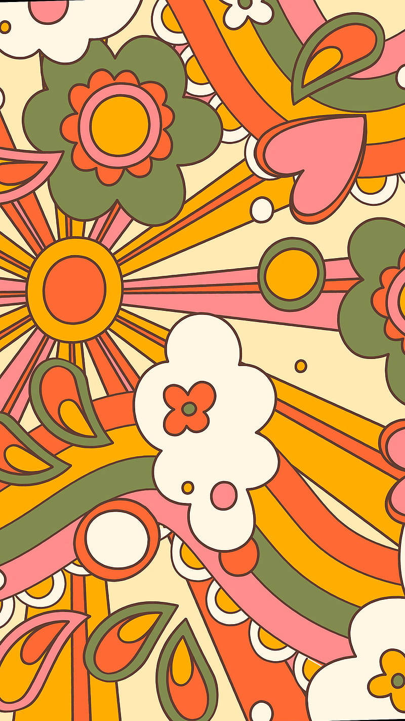 Painting 桌布 壁紙 — 充滿活力的復古花卉圖案，大膽的橙色、粉紅色和綠色形狀從太陽爆發中心向外輻射。