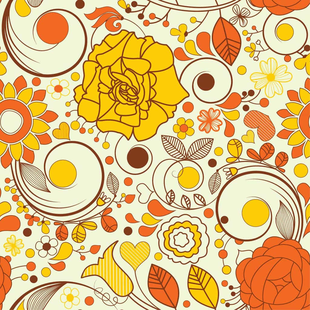 Autumn Leaves 桌布 壁紙 — 充滿活力的復古花卉圖案，帶有鮮明的黃色、橙色和棕色風格化花朵、葉子和漩渦，背景為奶油色。