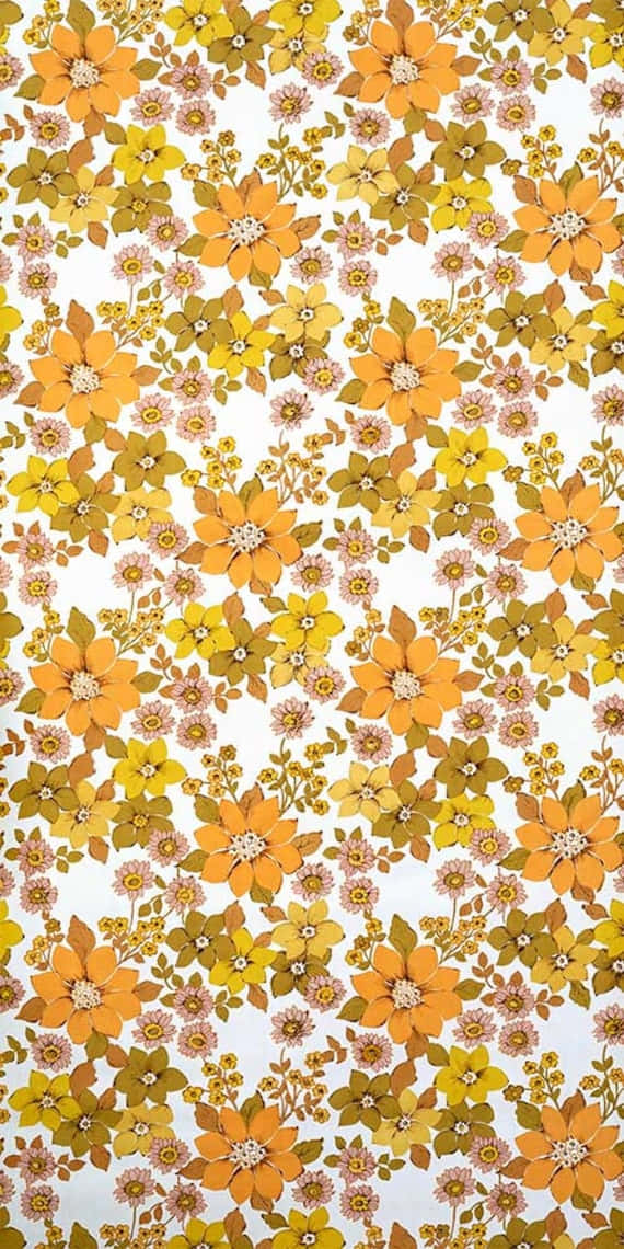 Seamless Pattern 桌布 壁紙 — 充滿活力的復古花卉圖案，白色背景上綻放橙色、黃色和粉紅色的花朵。