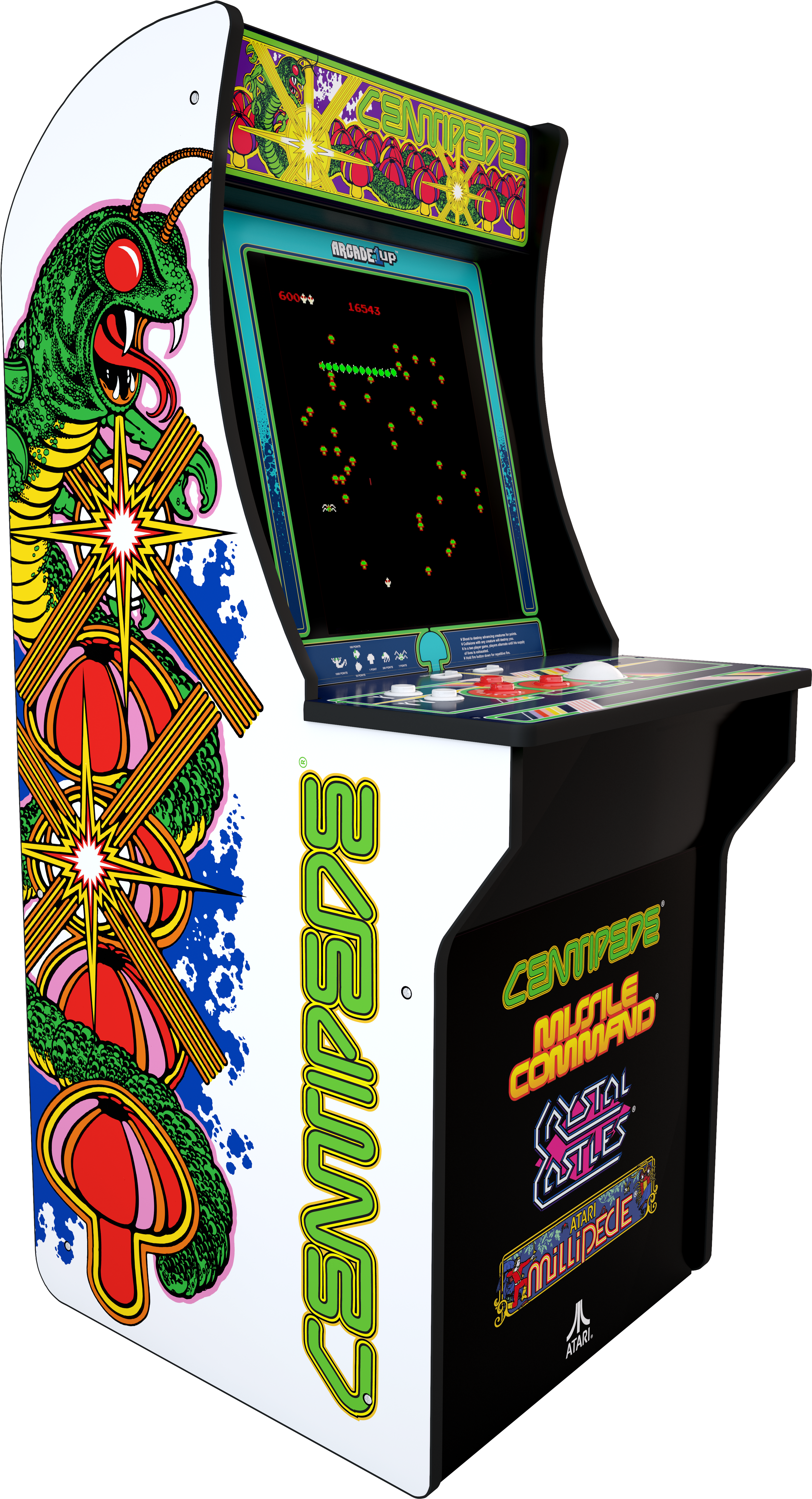 復古 桌布 壁紙 — 充滿活力的復古街機，配備 Centipede 遊戲、迷幻蛇形藝術品和發光控制裝置。