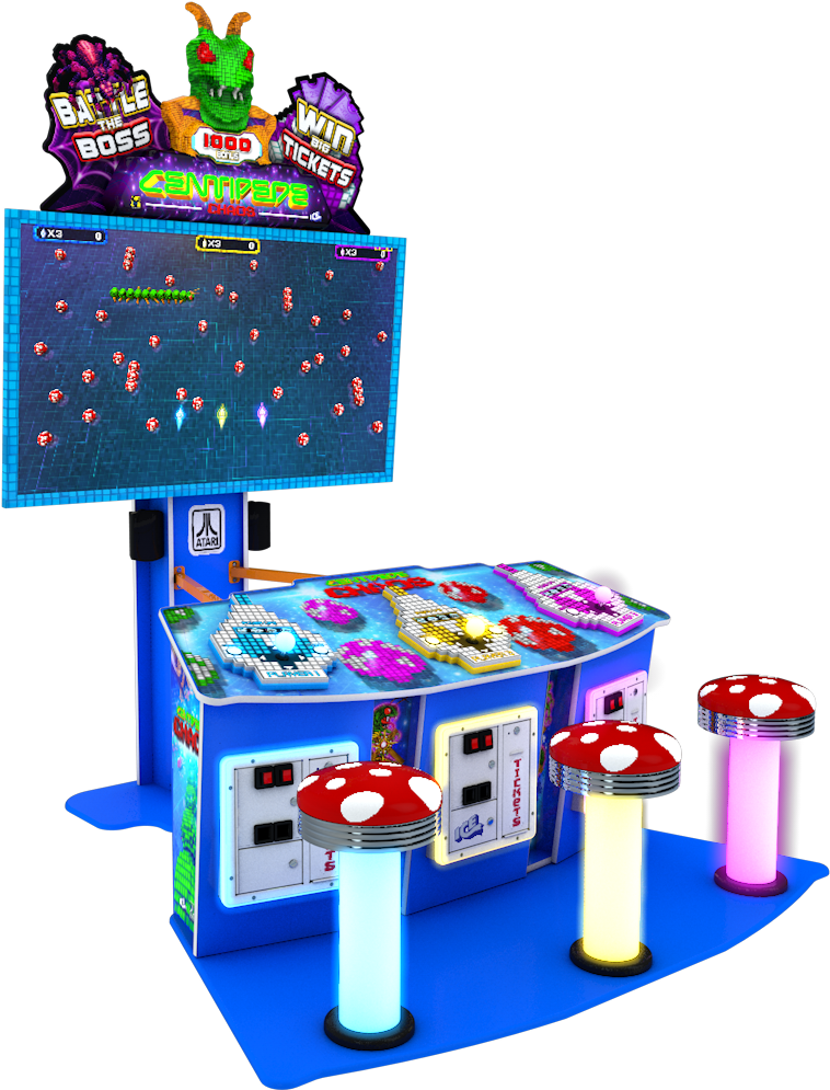 Arcade Game 桌布 壁紙 — 充滿活力的復古街機，配有發光蘑菇凳和彩色蜈蚣遊戲畫面，背景為黑色。