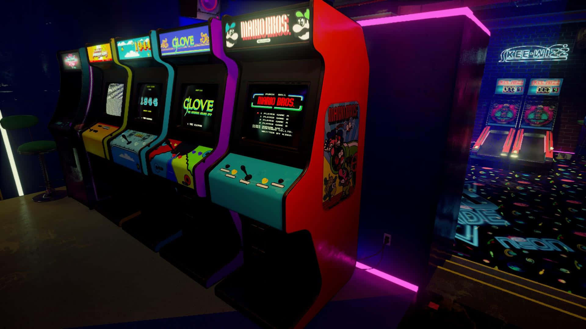 Arcade Aesthetic 桌布 壁紙 — 充滿活力的復古街機在昏暗的遊戲室中閃爍著霓虹燈光。