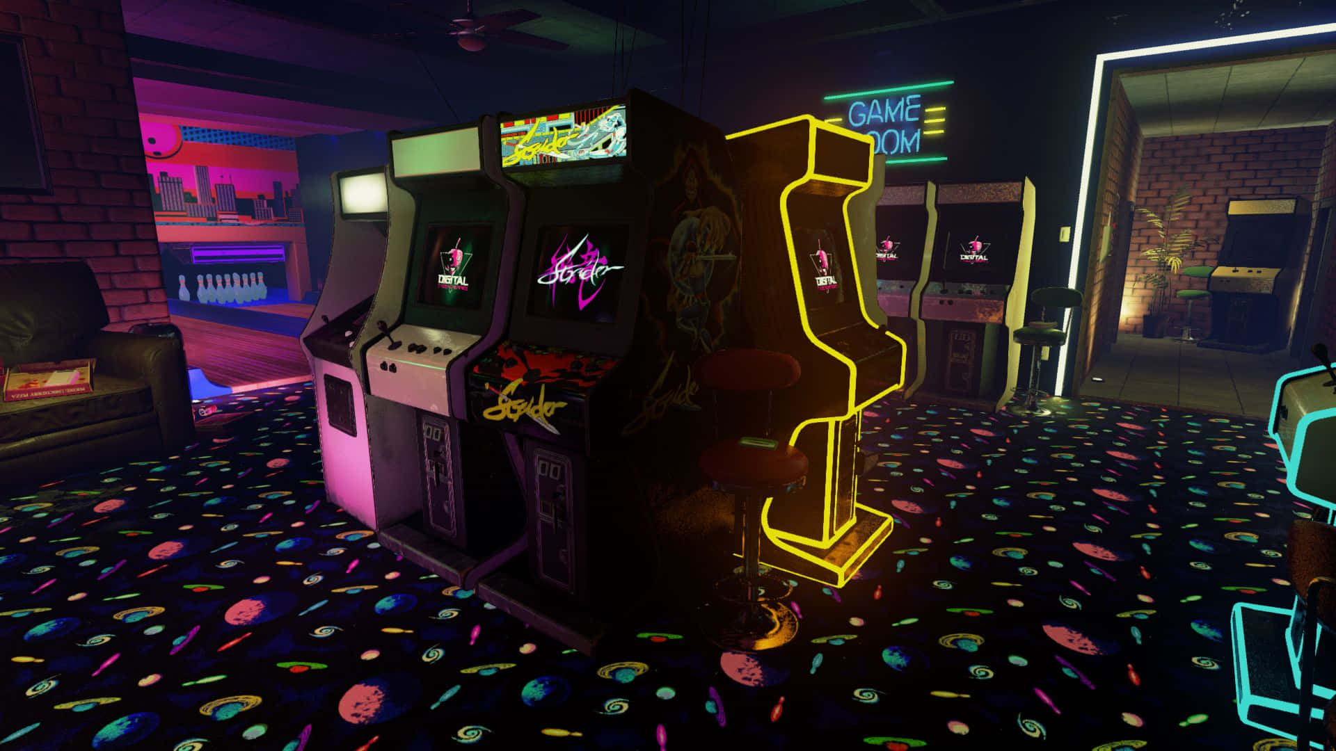 arcade 桌布 壁紙 — 充滿活力的復古街機在昏暗的遊戲室中閃爍著霓虹燈光，地板鋪有彩色圖案地毯。