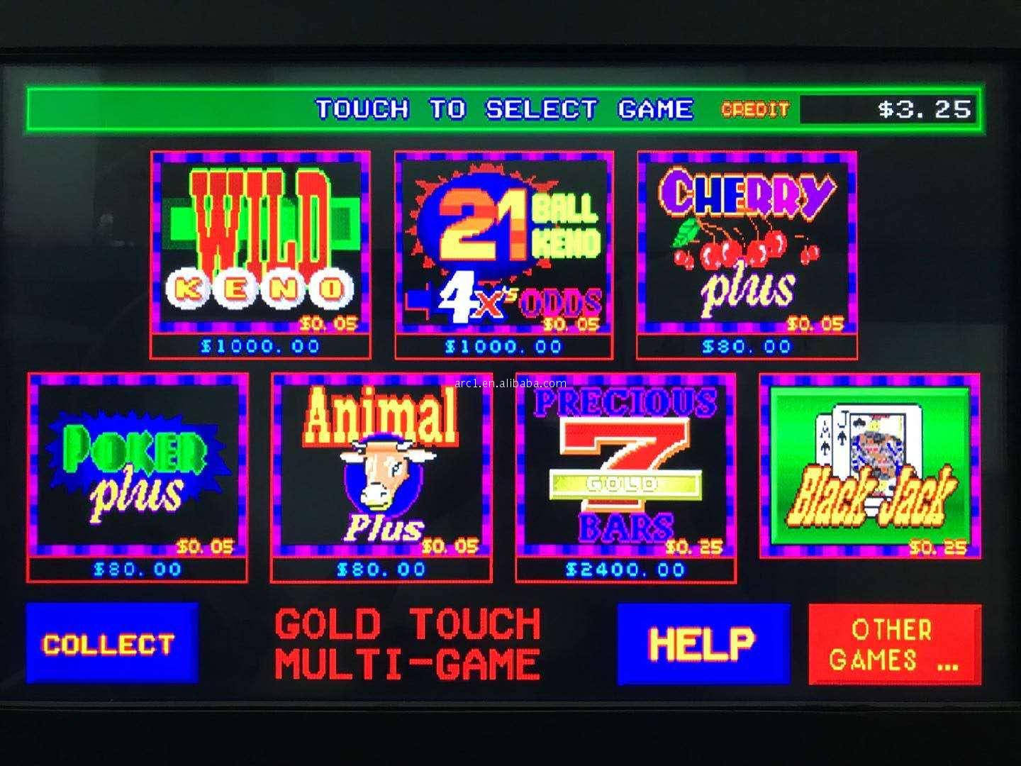 games 桌布 壁紙 — 充滿活力的復古街機螢幕顯示色彩繽紛的遊戲圖標，如 Wild Keno 和 Blackjack，帶有明亮的霓虹邊框和粗體文字。