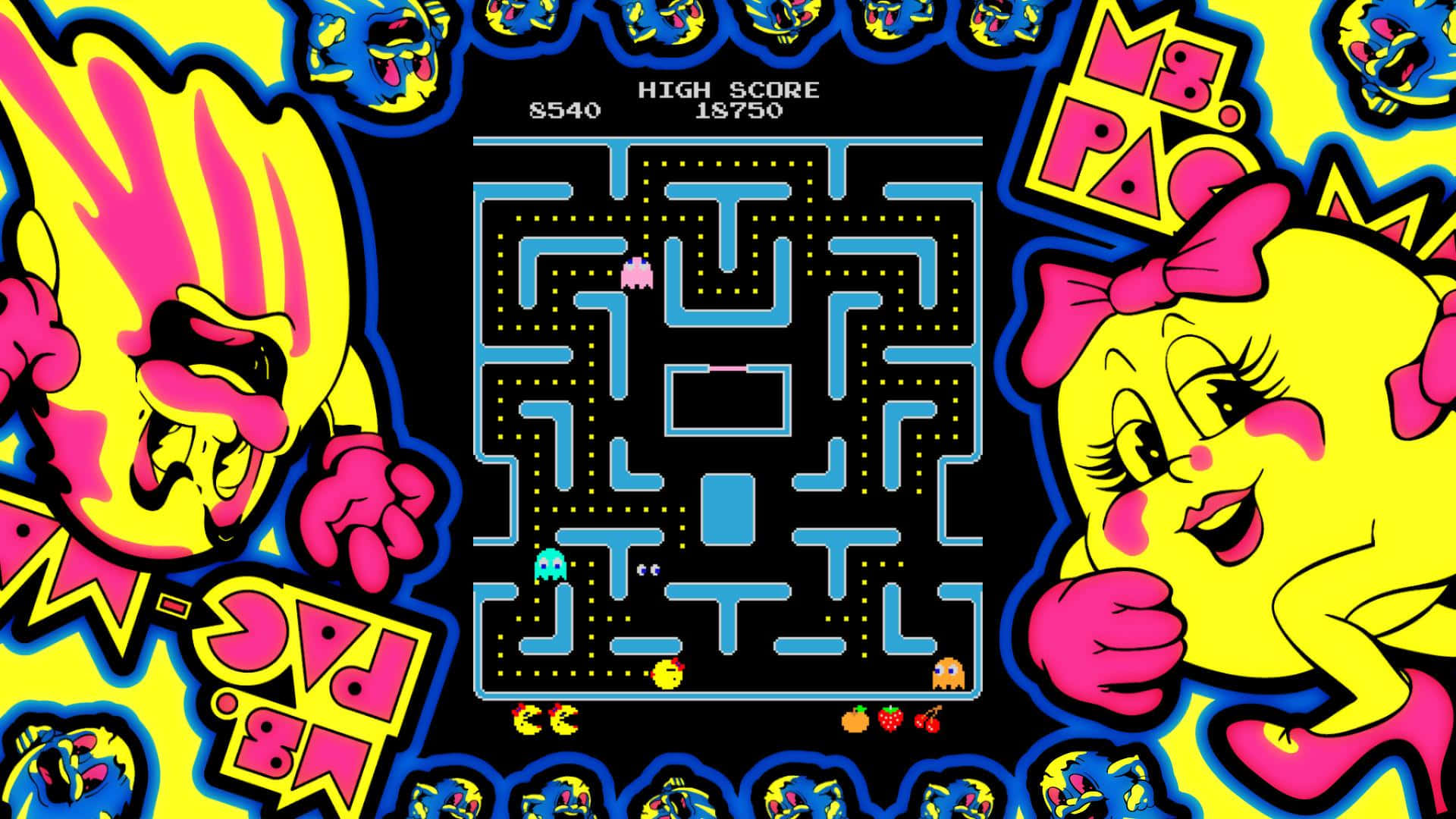 pac man 桌布 壁紙 — 充滿活力的復古街機遊戲，主角是Ms Pacman，戴著粉紅色蝴蝶結，在霓虹黃色迷宮中與鬼魂追逐。