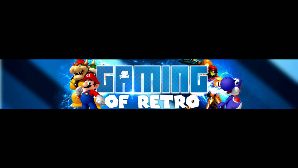 YouTube Banner 桌布 壁紙 — 充滿活力的復古遊戲橫幅，以瑪利歐、庫巴、薩姆斯和耀西為特色，背景是動態的藍色閃電。