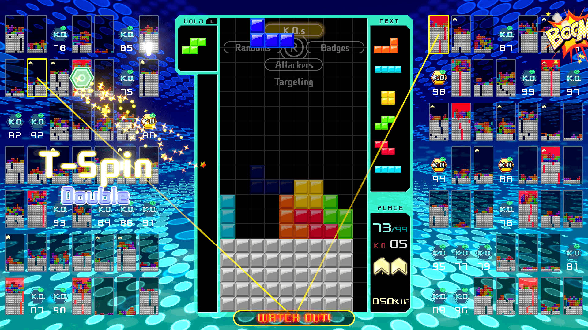game 桌布 壁紙 — 充滿活力的復古遊戲畫面，顯示俄羅斯方塊在發光藍色像素背景上進行T-Spin Double操作。