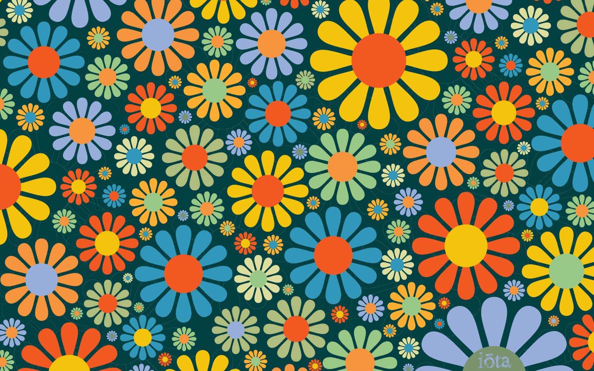 Aesthetic Flower 桌布 壁紙 — 充滿活力的復古雛菊，以橙色、藍色和綠色在深青色背景上綻放，形成俏皮的重複圖案。