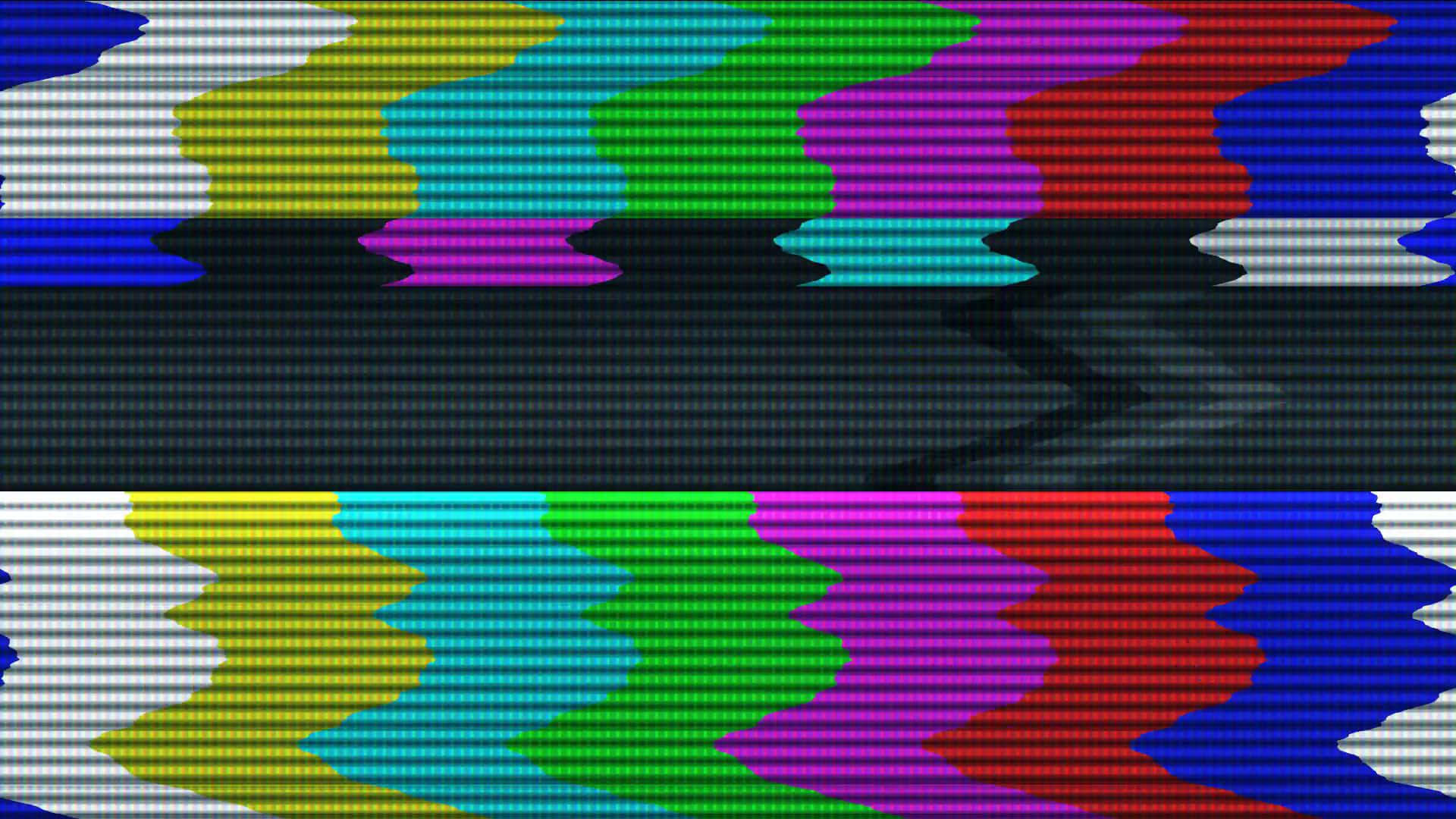 Glitch Effect 桌布 壁紙 — 充滿活力的復古電視測試圖案，帶有波浪形彩色條紋和像素化故障效果。
