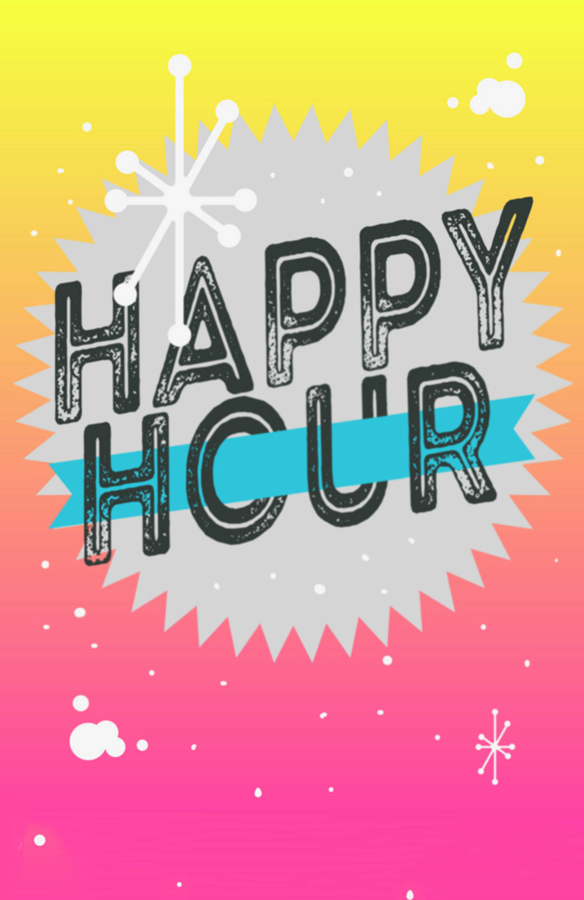 Hour 桌布 壁紙 — 充滿活力的復古風格 'HAPPY HOUR' 文字，以粗體黑色字體印在灰色放射狀圖案上，背景為黃色到粉紅色的漸變，並帶有白色星爆和圓點。