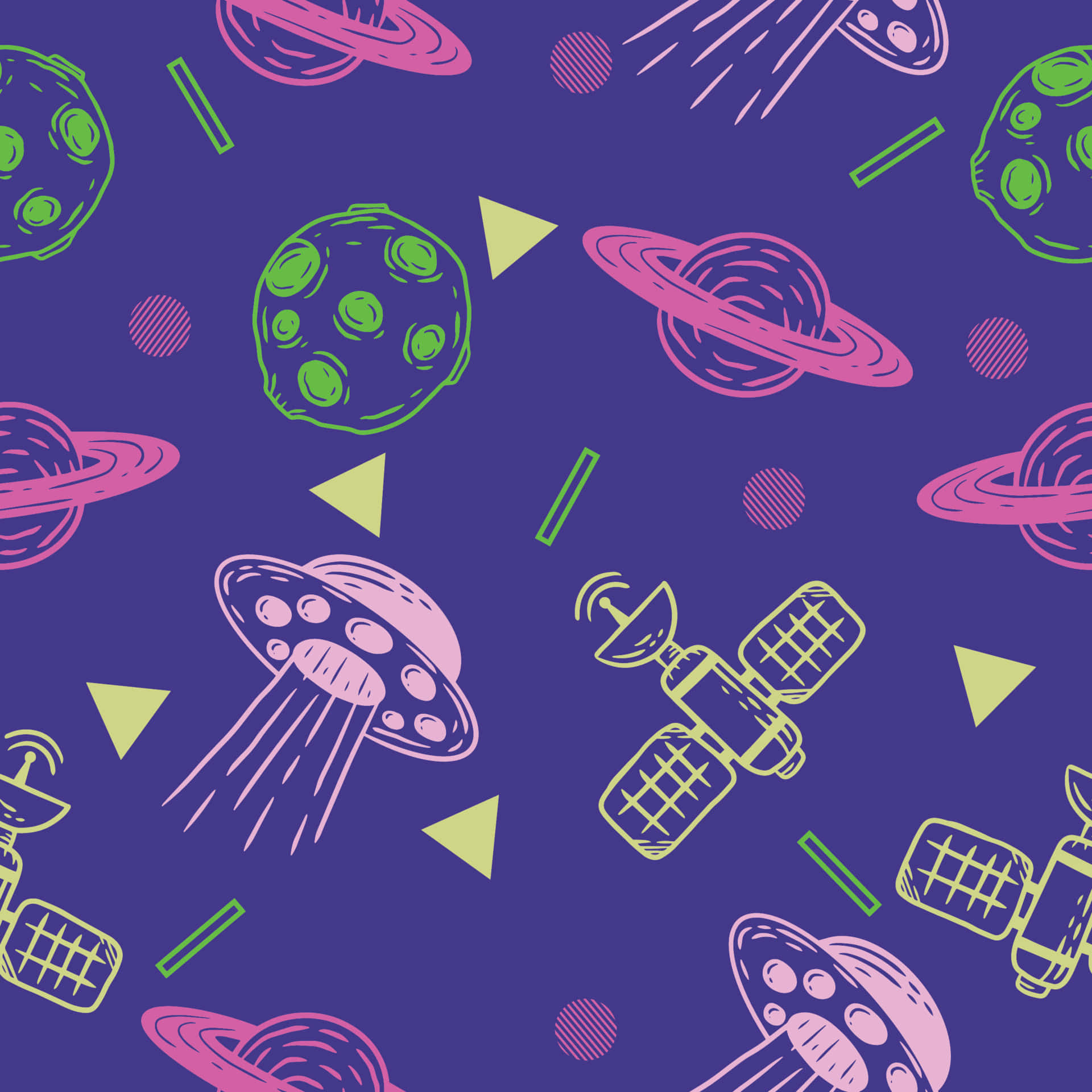 塗鴉動圖 桌布 壁紙 — 充滿活力的復古風格太空圖案，帶有粉紅色UFO、綠色行星和衛星，背景為深紫色。