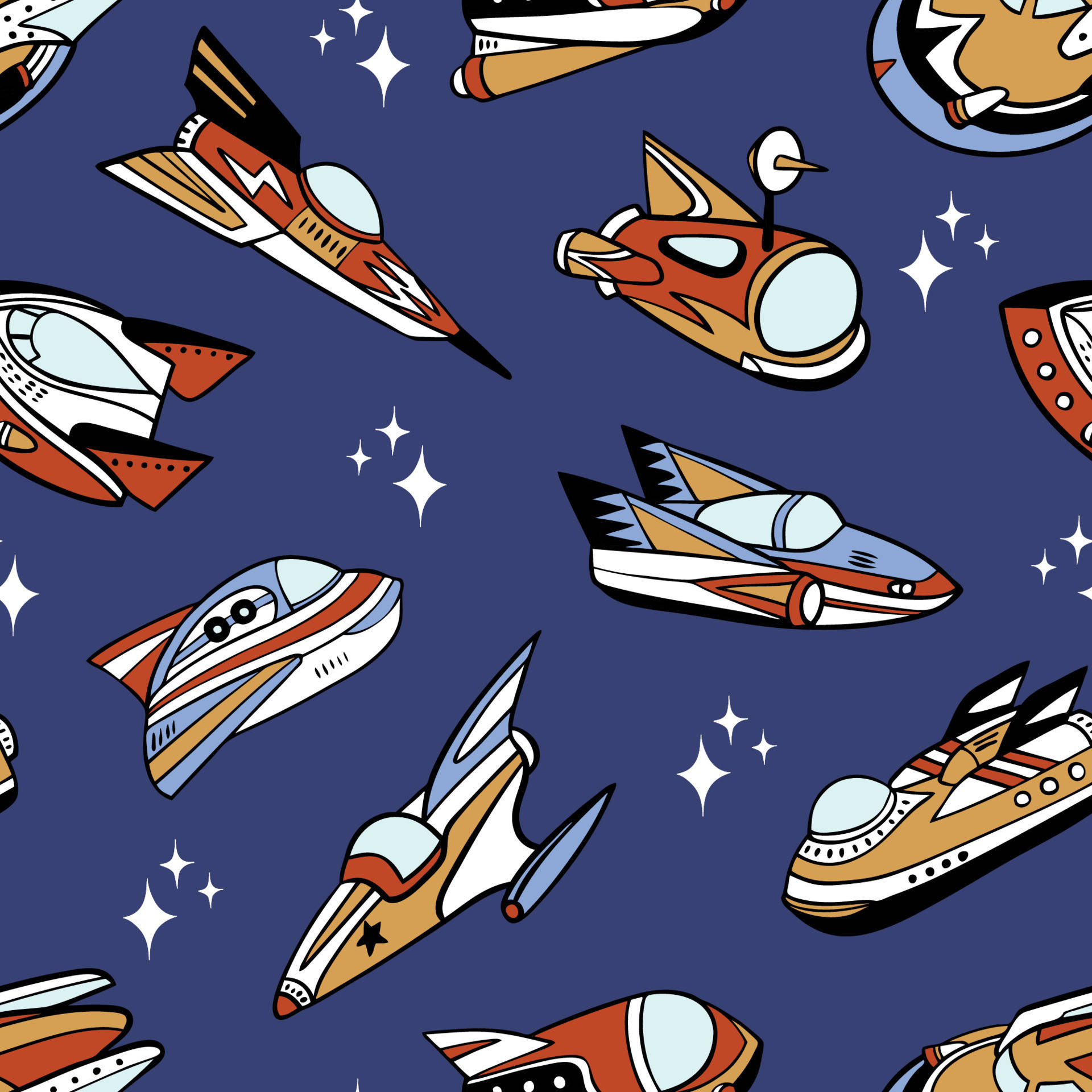 Retro Space 桌布 壁紙 — 充滿活力的復古風格太空船在深藍色星空下以俏皮的重複圖案翱翔。