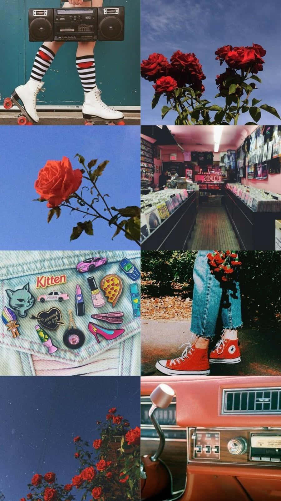 Vintage Aesthetic Plant 桌布 壁紙 — 充滿活力的復古風格拼貼畫， featuring 紅玫瑰、復古車內飾、溜冰鞋和唱片店走廊。
