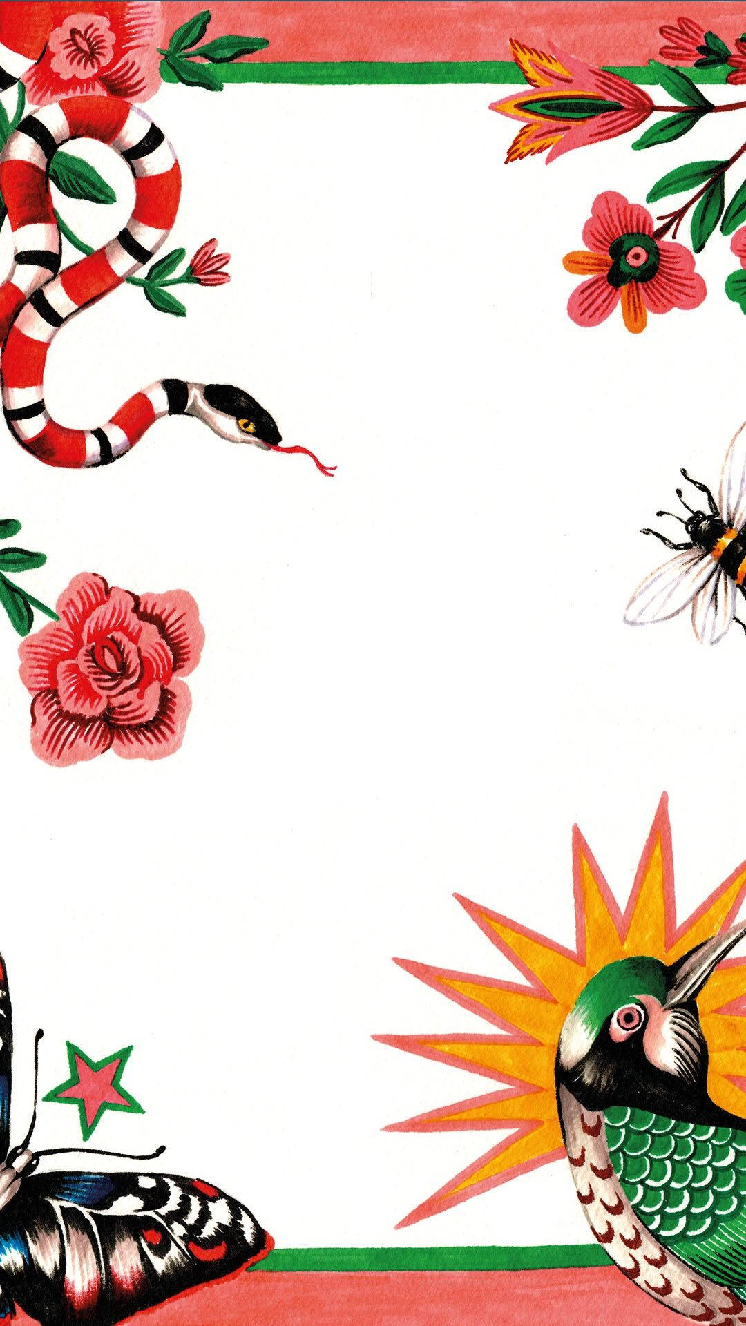 Gucci 桌布 壁紙 — 充滿活力的復古風格插圖，以白色背景為襯，呈現紅白相間的蛇、蜂鳥、蝴蝶和色彩大膽的花朵。