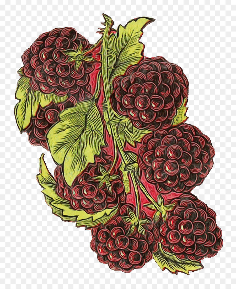Berry 桌布 壁紙 — 充滿活力的復古風格插圖，描繪飽滿的黑莓和綠色葉子，以大膽的紅色和黃色呈現。