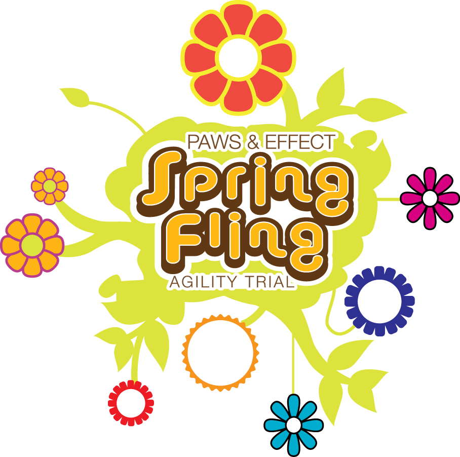 春天 桌布 壁紙 — 充滿活力的復古風格標誌，用於「Spring Fling Agility Trial」，周圍環繞著黑色背景上的彩色卡通花朵。