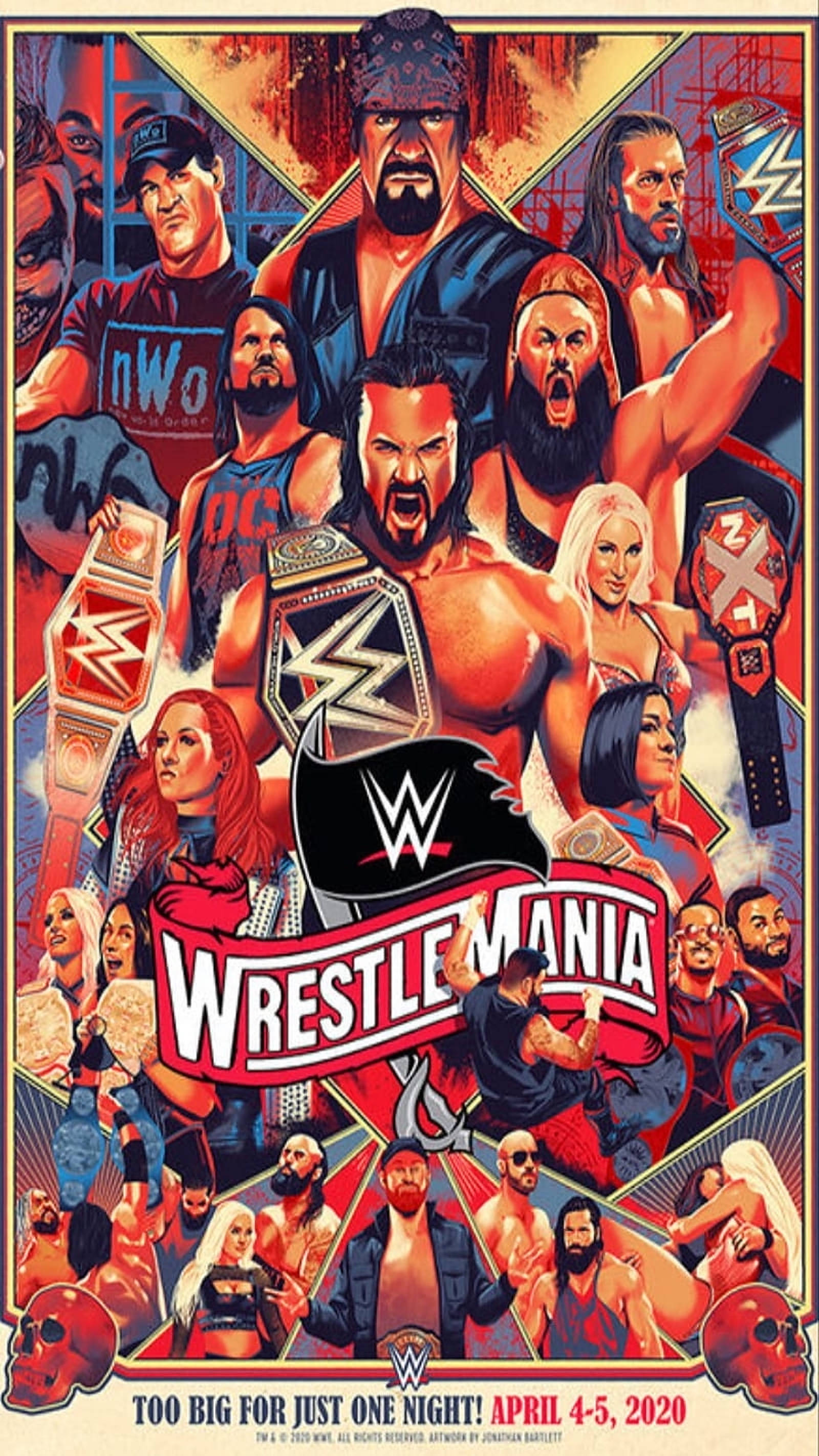 WWE 桌布 壁紙 — 充滿活力的復古風格海報，展示WWE摔角手以動態姿勢搭配冠軍腰帶和醒目的WrestleMania品牌標誌。