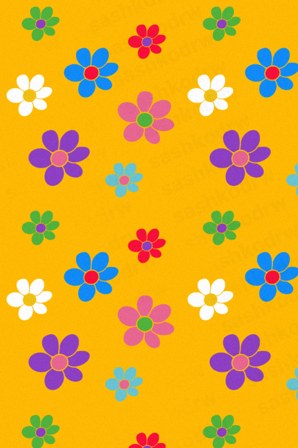 Flowers 桌布 壁紙 — 充滿活力的復古風格花朵，以鮮豔色彩散落在帶有紋理的金黃色背景上。