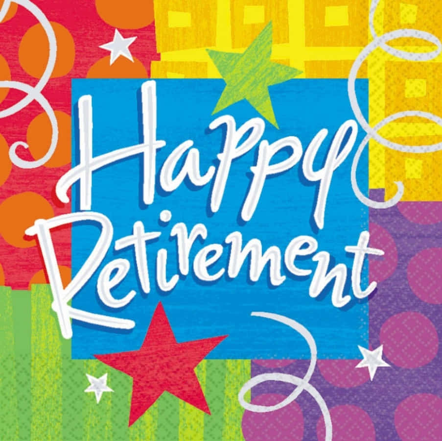 Retirement 桌布 壁紙 — 充滿活力的復古風格賀卡，藍色區塊上以白色草書寫有「Happy Retirement」，周圍環繞著色彩繽紛的幾何圖案和星星。