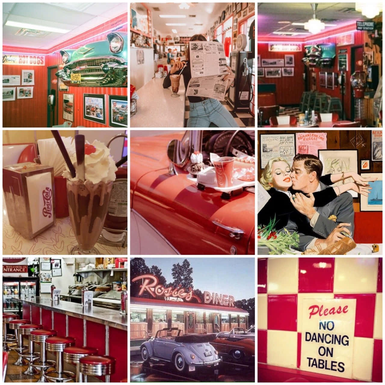 Aesthetic Retro 桌布 壁紙 — 充滿活力的復古餐廳拼貼畫， featuring 經典老爺車、奶昔和經典美式裝飾。