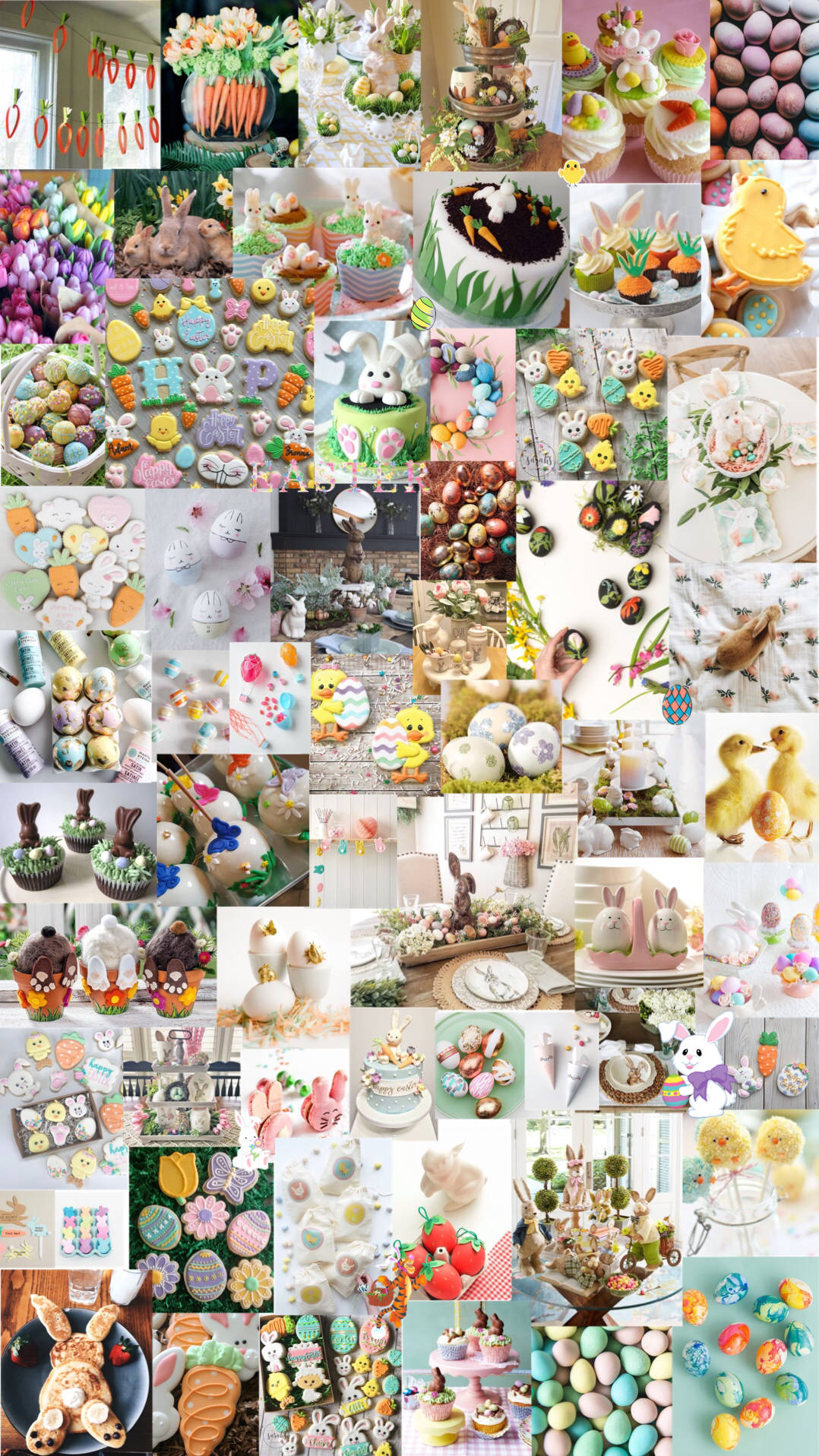 Aesthetic Easter 桌布 壁紙 — 充滿活力的復活節主題甜點和裝飾拼貼畫， featuring 粉彩蛋、兔子、小雞和歡樂春季色彩的甜點。