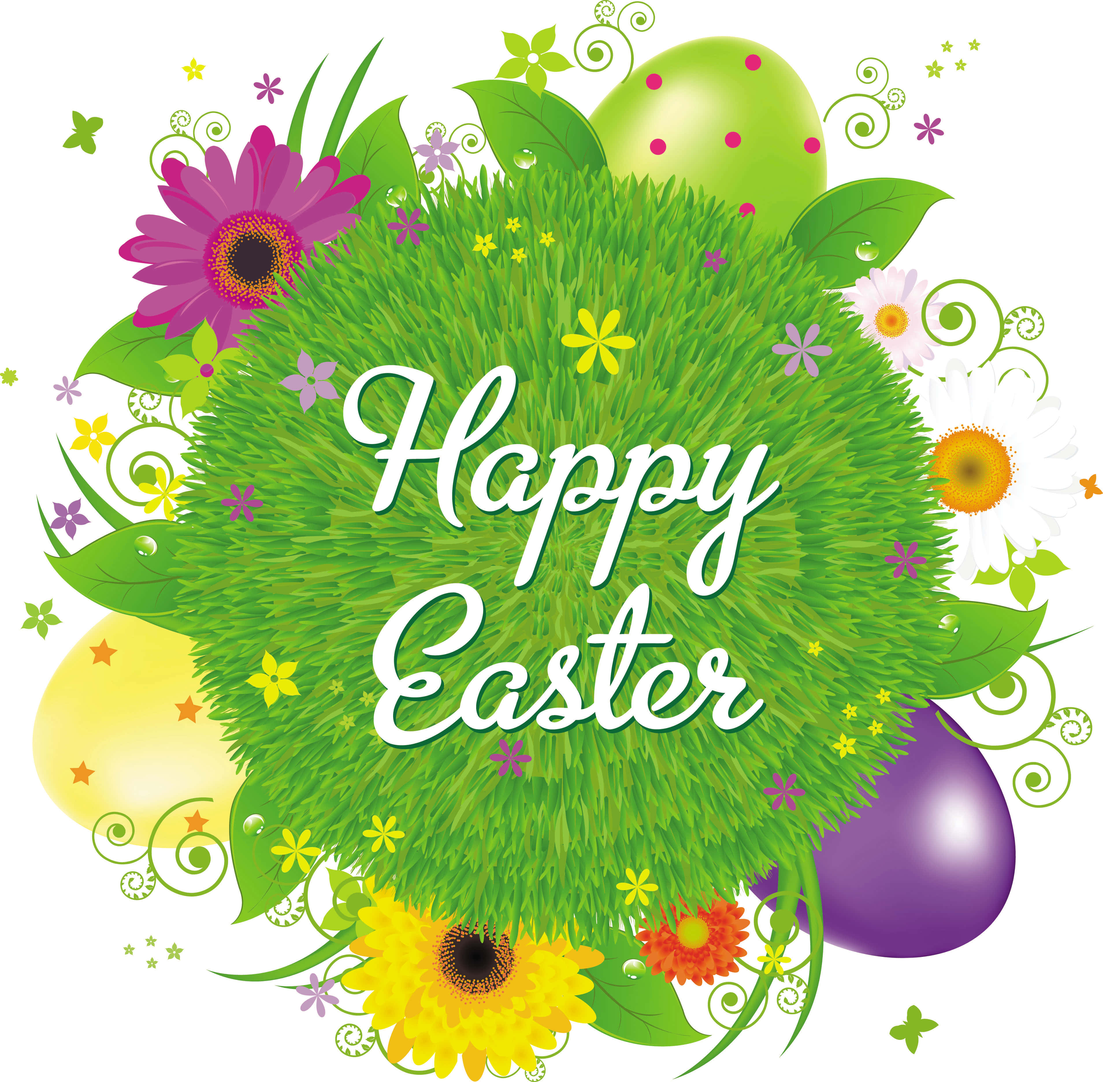 Happy Easter 桌布 壁紙 — 充滿活力的復活節問候，有茂盛的綠色草圈、色彩繽紛的蛋和盛開的花朵，圍繞著「Happy Easter」文字。