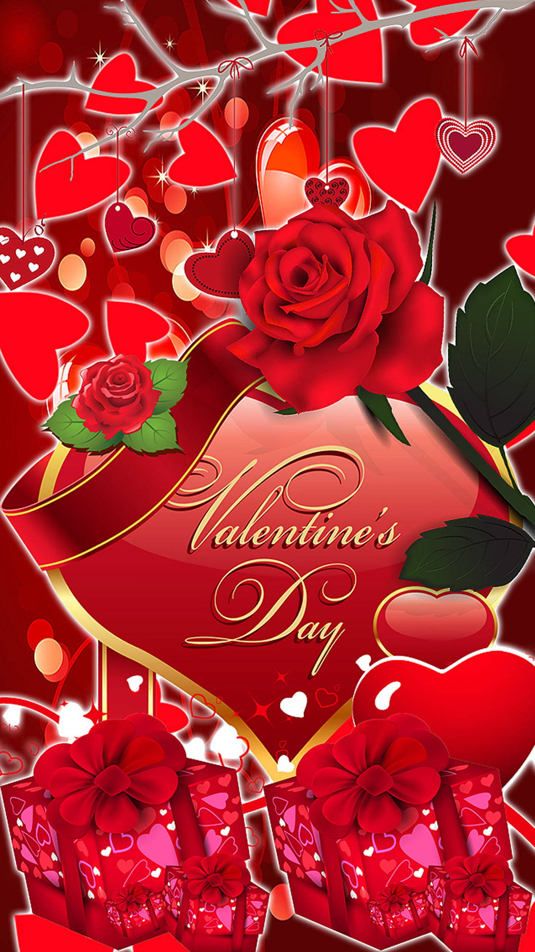 Happy Valentines Day 桌布 壁紙 — 充滿活力的情人節桌布，以紅色玫瑰、愛心和禮物盒為特色，背景是發光的紅色。