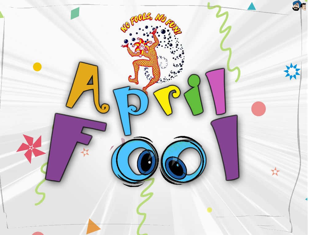 April Fools 桌布 壁紙 — 充滿活力的愚人節圖形，包含小丑、凸眼和白色背景上的彩色抽象形狀。