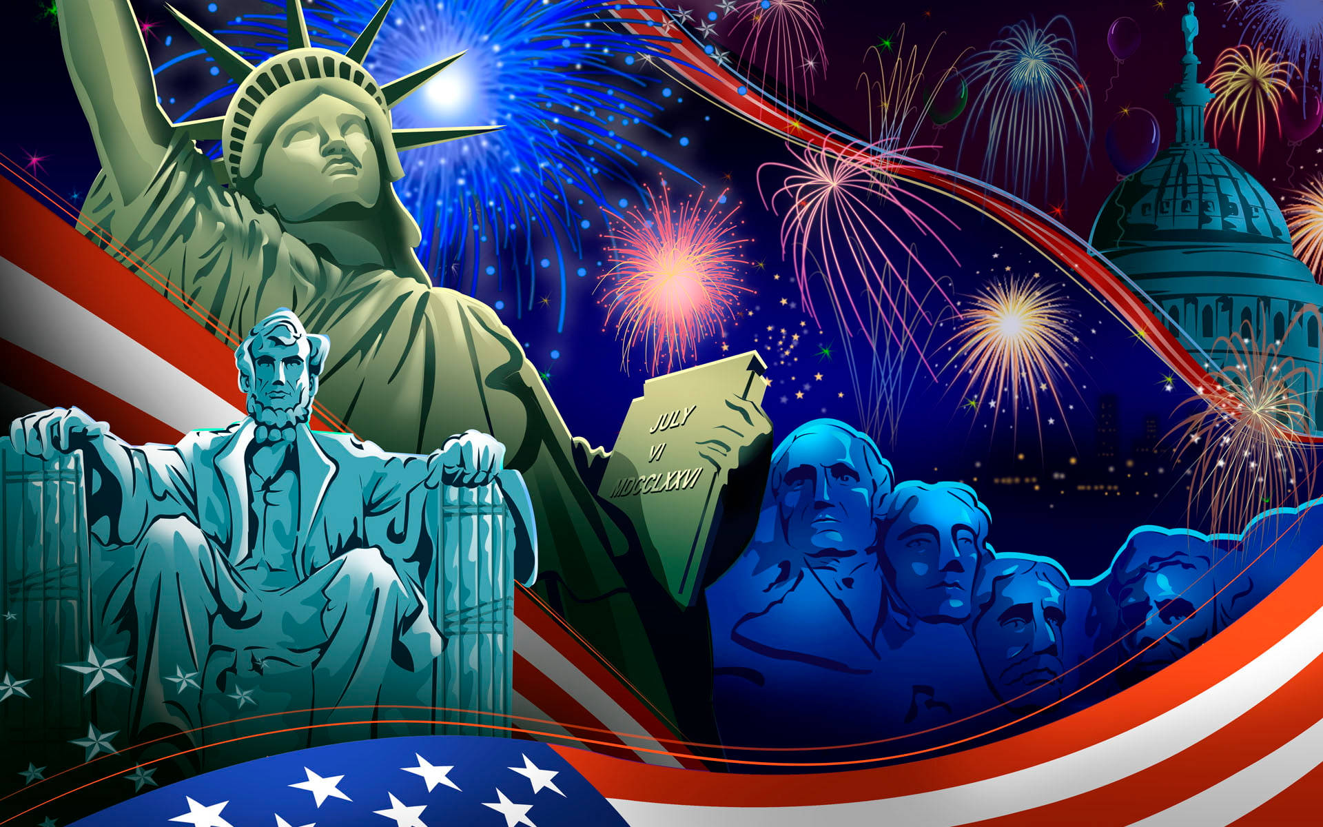 Independence 桌布 壁紙 — 充滿活力的愛國插圖，描繪自由女神像、林肯紀念堂和拉什莫爾山在耀眼煙火下，並帶有美國國旗圖案。