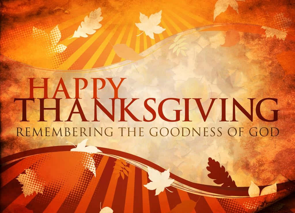 Happy Thanksgiving 桌布 壁紙 — 充滿活力的感恩節問候，粗體文字被秋葉和溫暖的橙色太陽爆發圖案包圍。
