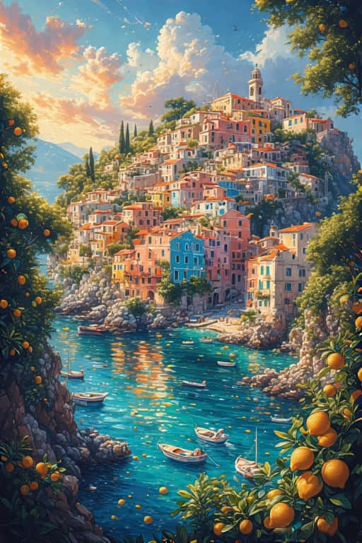 Amalfi Coast Cliffs and Colorful Houses  Italy Summer 4K 壁紙 — 充滿活力的懸崖村莊，粉彩房屋和橙樹環繞著一個碧綠的海灣，點綴著小船，在金色夕陽天空下。