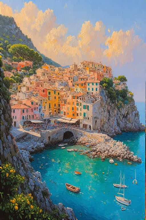 Amalfi Coast Cliffs and Colorful Houses  Italy Summer 4K 壁紙 — 充滿活力的懸崖村莊，粉彩房屋坐落在碧綠海水之上，金色天空下點綴著帆船。