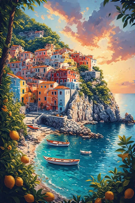 Amalfi Coast Cliffs and Colorful Houses  Italy Summer 4K 壁紙 — 充滿活力的懸崖村莊，色彩繽紛的房屋坐落在碧綠的海水之上，小船停泊在橙樹環繞的岩石海岸附近。