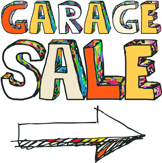 Sale Banner 桌布 壁紙 — 充滿活力的手繪「GARAGE SALE」字樣，帶有彩色馬賽克紋理和指向右邊的塗鴉箭頭。