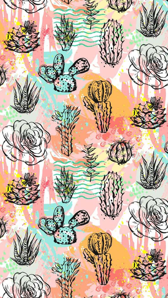 Cactus iPhone 桌布 壁紙 — 充滿活力的手繪仙人掌和玫瑰，採用大膽的柔和色彩，帶有飛濺和波浪圖案。