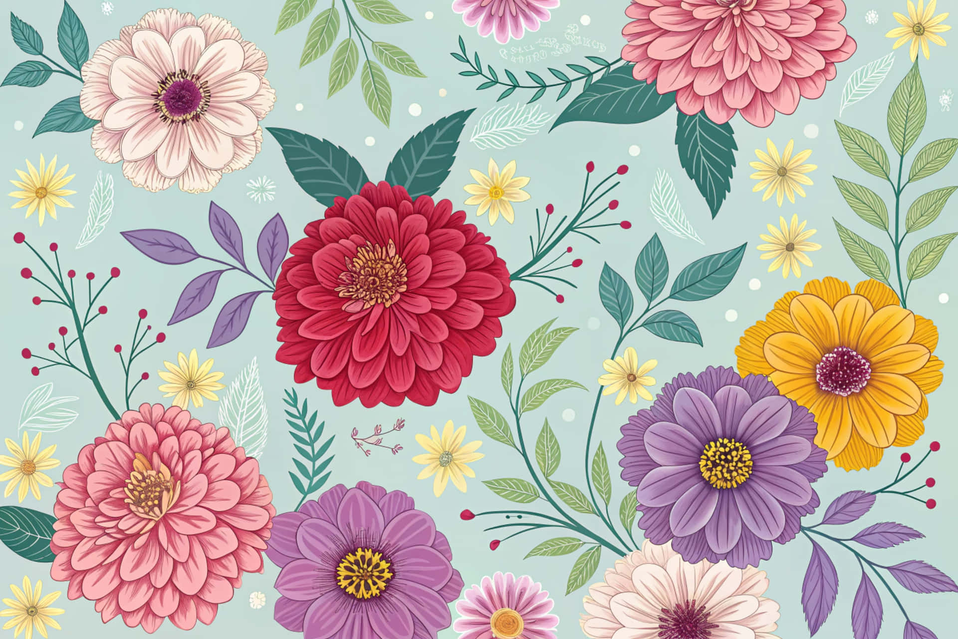 Flower pattern 壁紙 — 充滿活力的手繪花朵，以粉紅、紅、黃和紫色綻放在柔和的薄荷綠背景上，搭配精緻的葉子和莖。