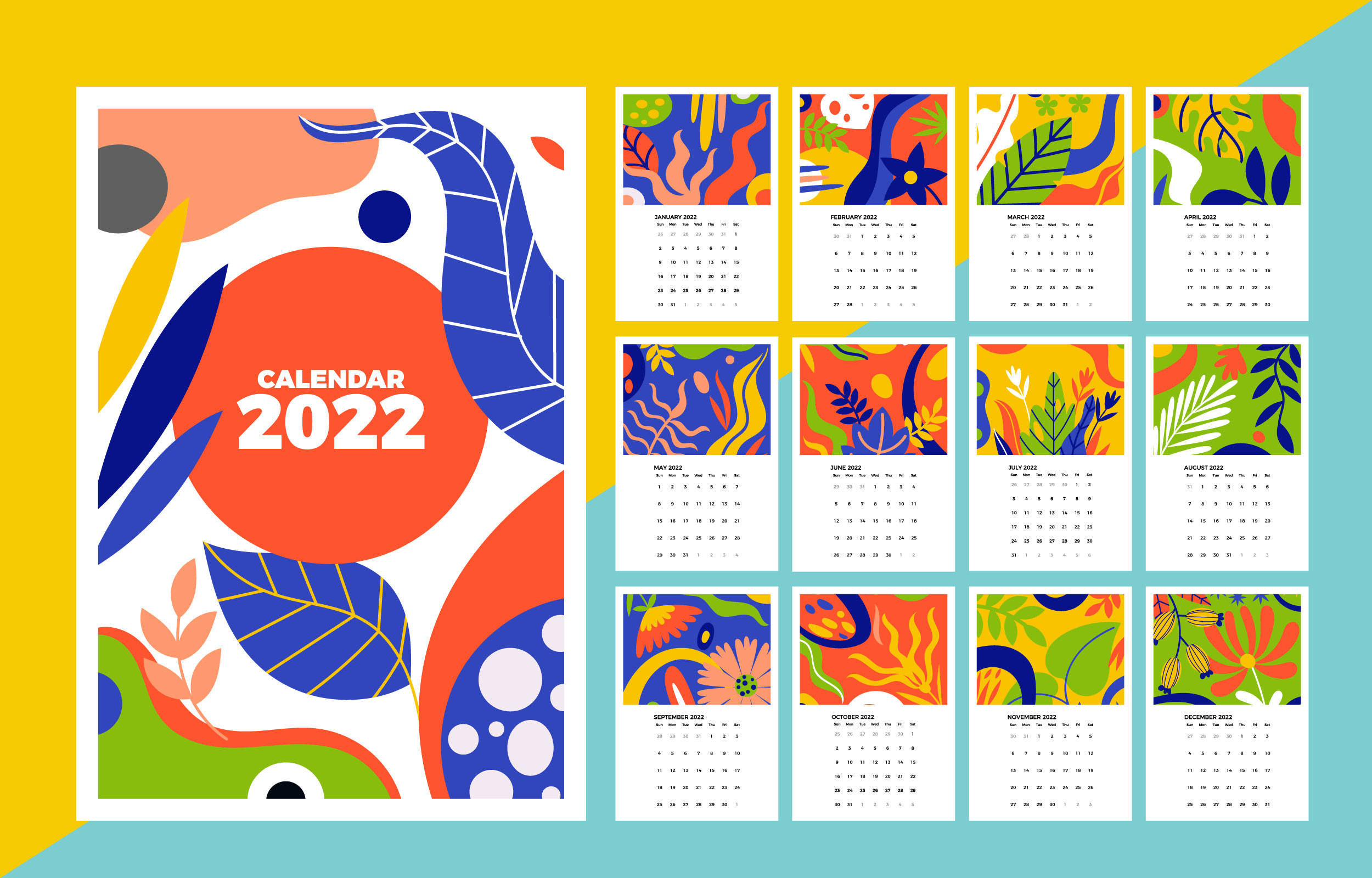 Calendar 桌布 壁紙 — 充滿活力的抽象2022年月曆，在黃色和藍綠色背景上帶有鮮豔大膽的葉子圖案和幾何形狀。