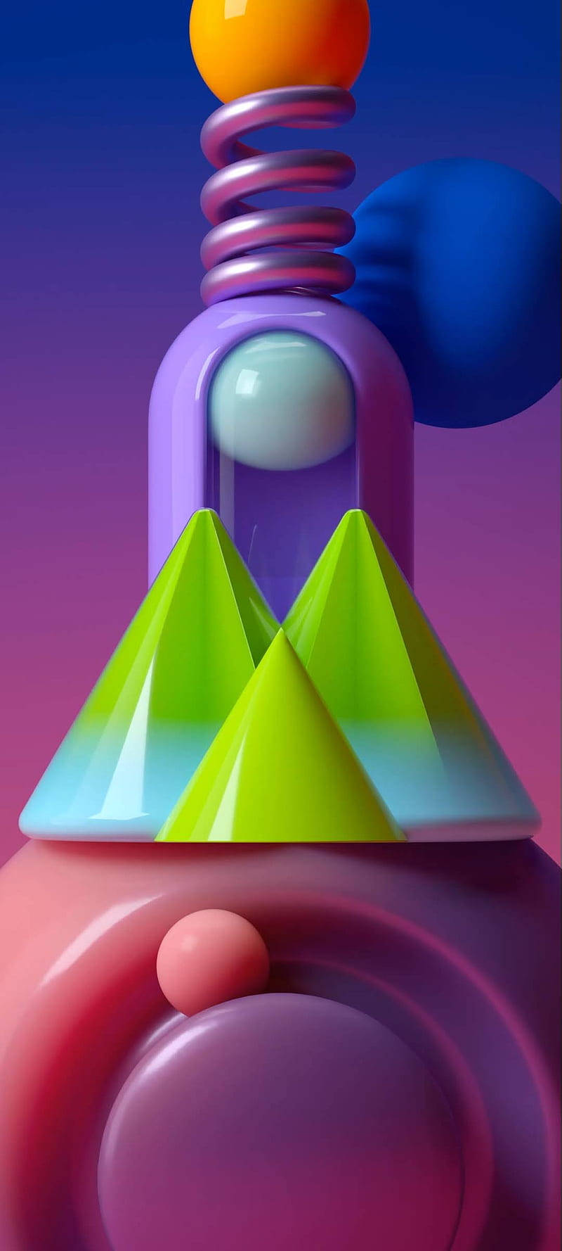 三星 桌布 壁紙 — 充滿活力的抽象3D渲染雕塑，帶有發光的幾何形狀和流暢的漸變，背景為紫色漸變。