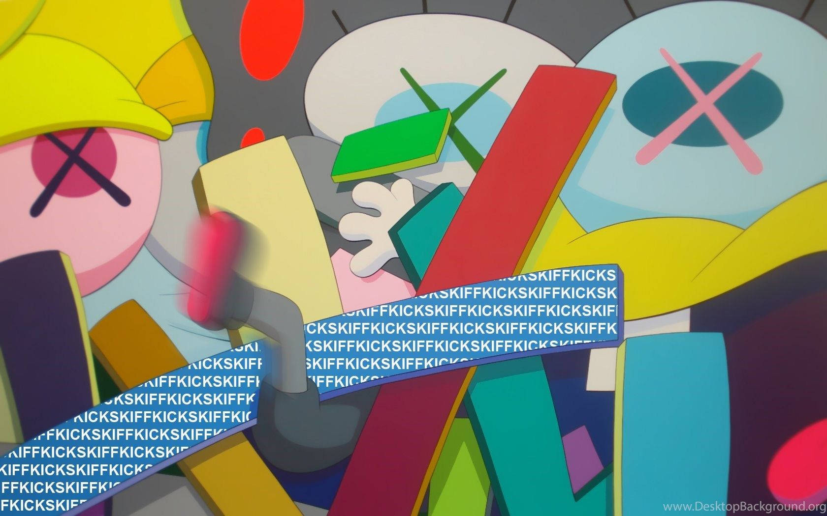KAWS 桌布 壁紙 — 充滿活力的抽象卡通角色，帶有X形眼睛和大膽的幾何形狀，構成混亂多彩的構圖。