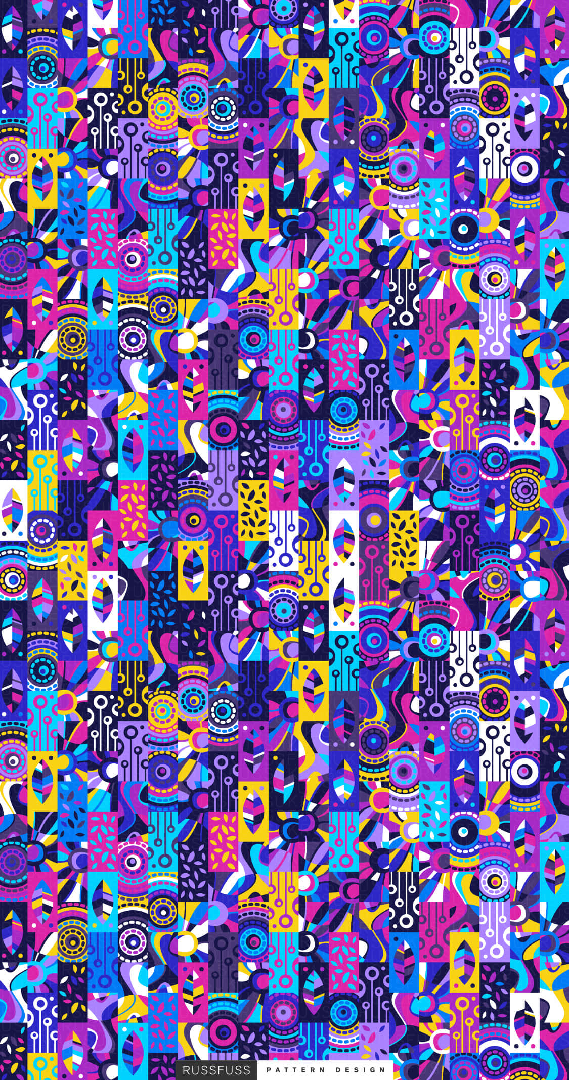 Pattern Phone 桌布 壁紙 — 充滿活力的抽象圖案，包含紫色、藍色和黃色的彩色幾何形狀和類似電路的圖案。