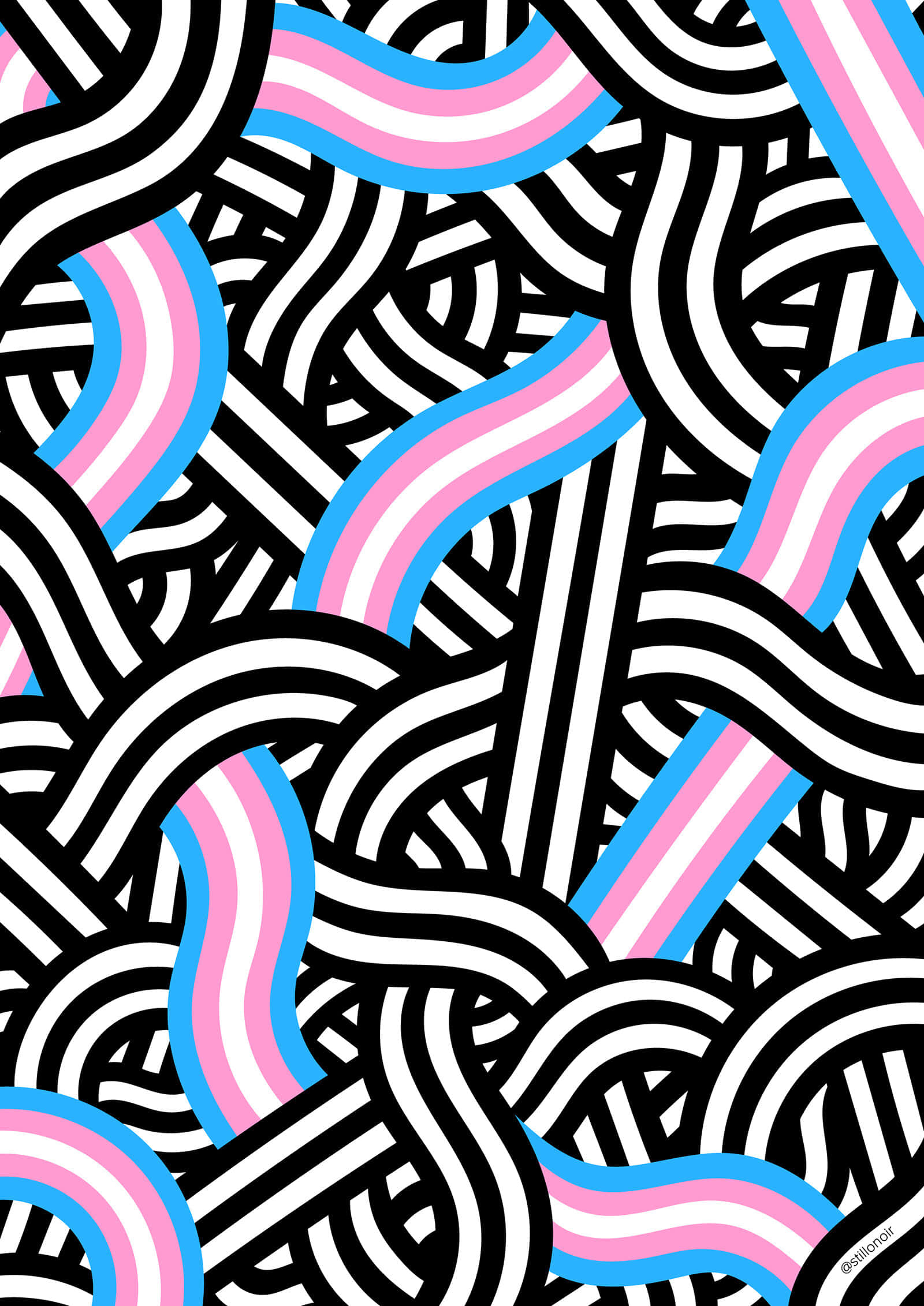 Maze 桌布 壁紙 — 充滿活力的抽象圖案，大膽的黑白曲線與粉紅藍色條紋交織，形成動態幾何設計。