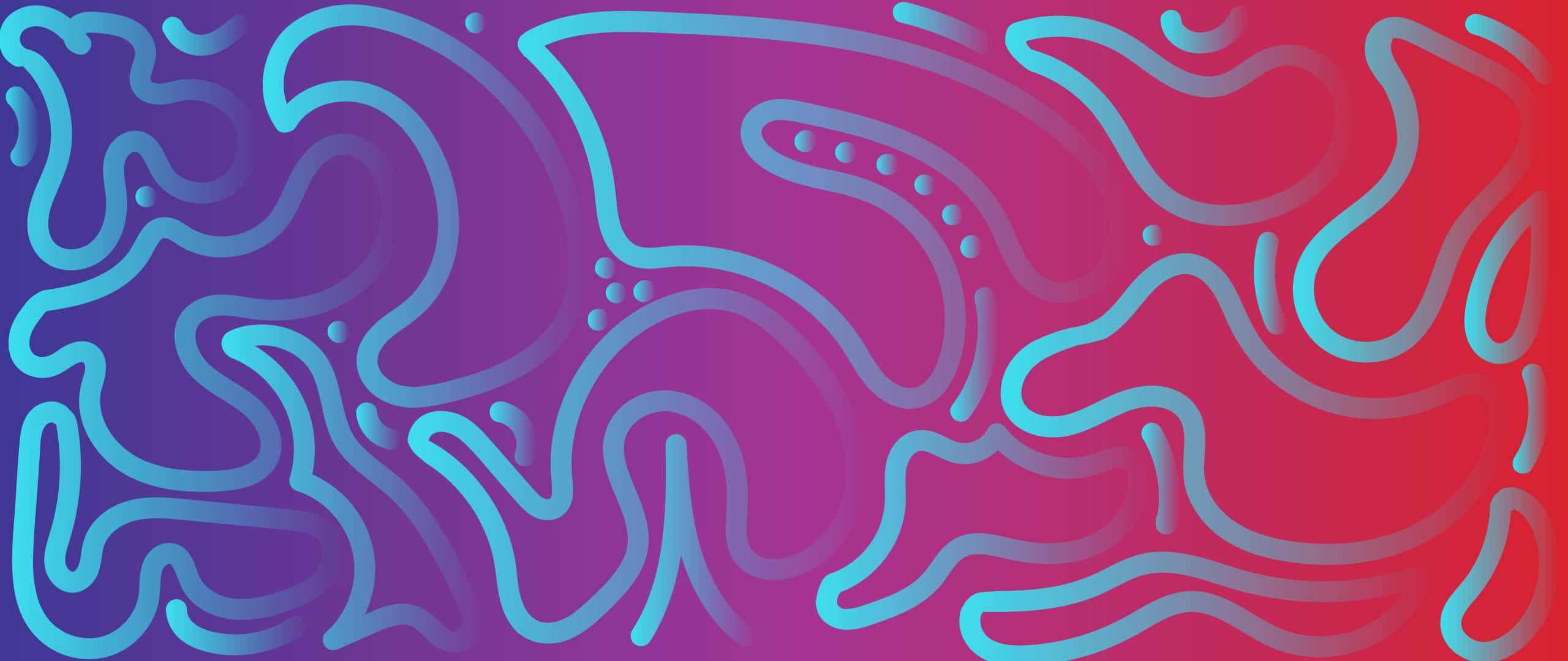 Swirls 桌布 壁紙 — 充滿活力的抽象圖案，帶有發光的青色線條，流過紫色到紅色的漸變背景。
