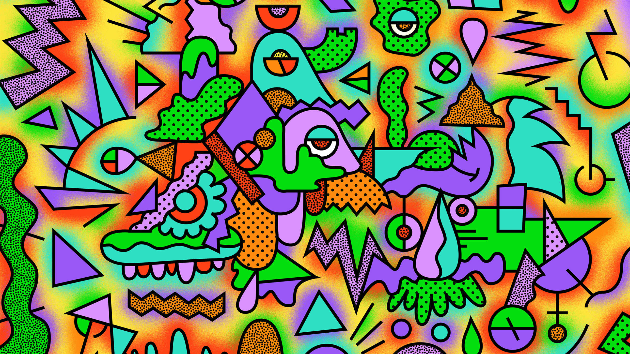 Mosaic 桌布 壁紙 — 充滿活力的抽象圖案，帶有迷幻形狀和大膽色彩，營造出混亂而充滿能量的視覺效果。