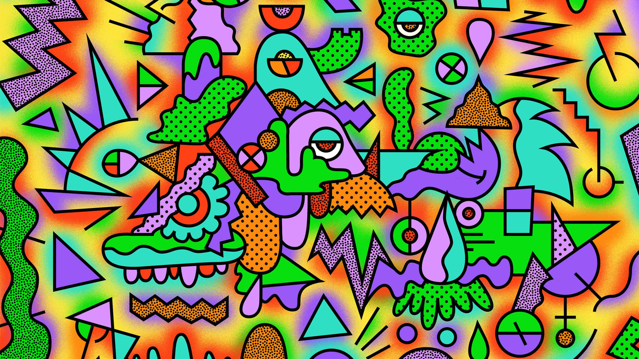 Retro 桌布 壁紙 — 充滿活力的抽象圖案，帶有迷幻形狀和大膽色彩，營造出混亂而充滿能量的視覺效果。