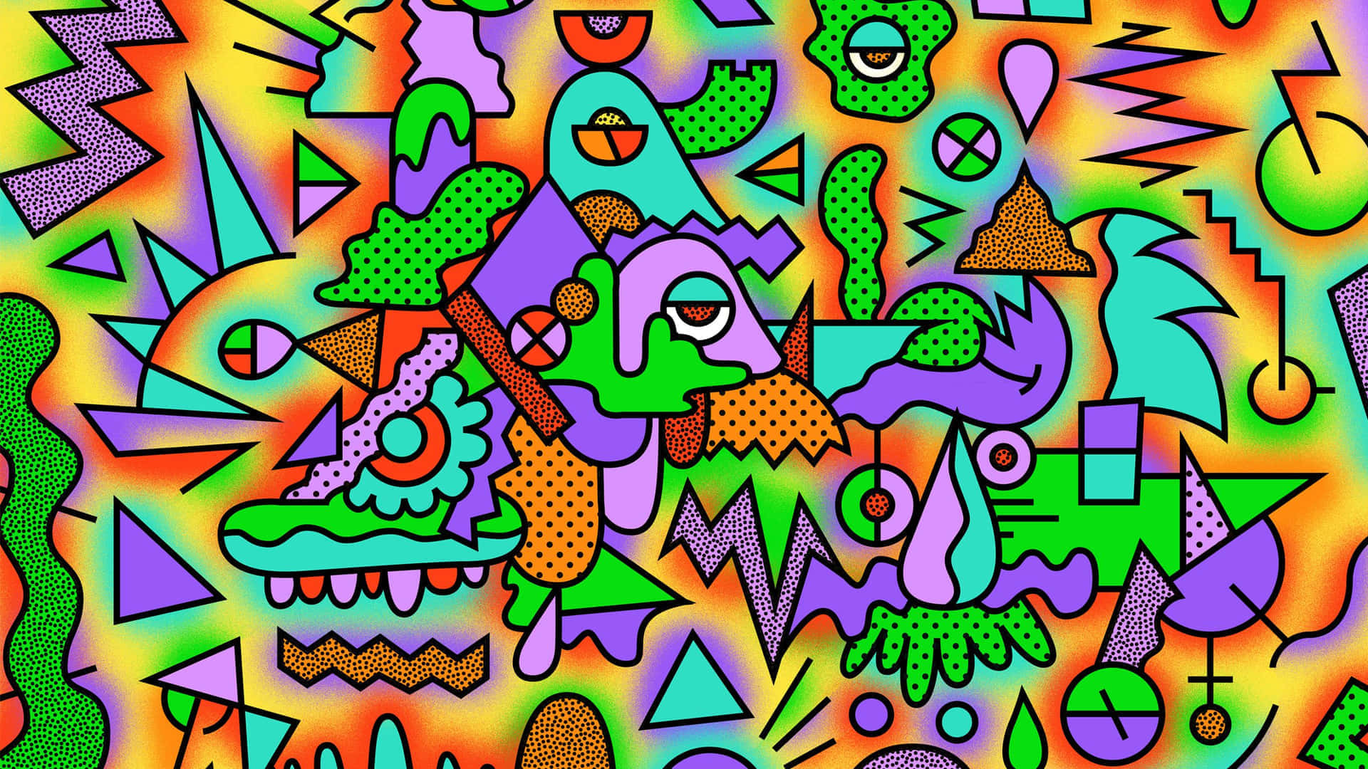 Retro 桌布 壁紙 — 充滿活力的抽象圖案，帶有迷幻形狀和大膽色彩，營造出混亂而充滿能量的視覺效果。